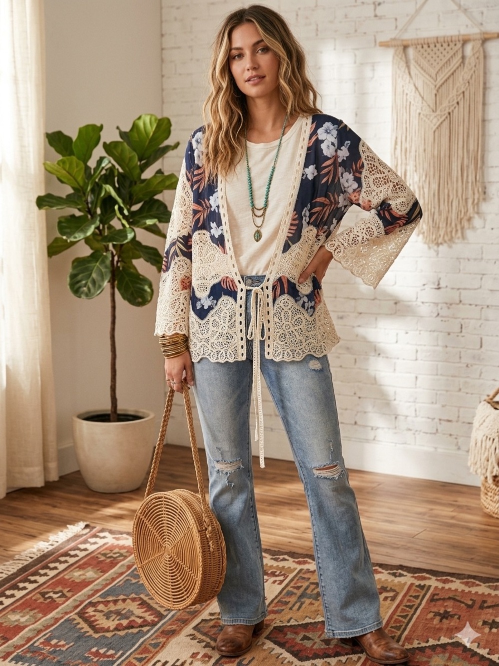 🌸Ember Top Women’s XL Floral Palm Leaves Long Sleeve Open Front Crochet Lace